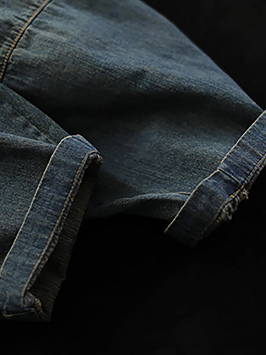 Plus Size Vintage Loose Elastic Waist Spliced Distressed Denim Jeans