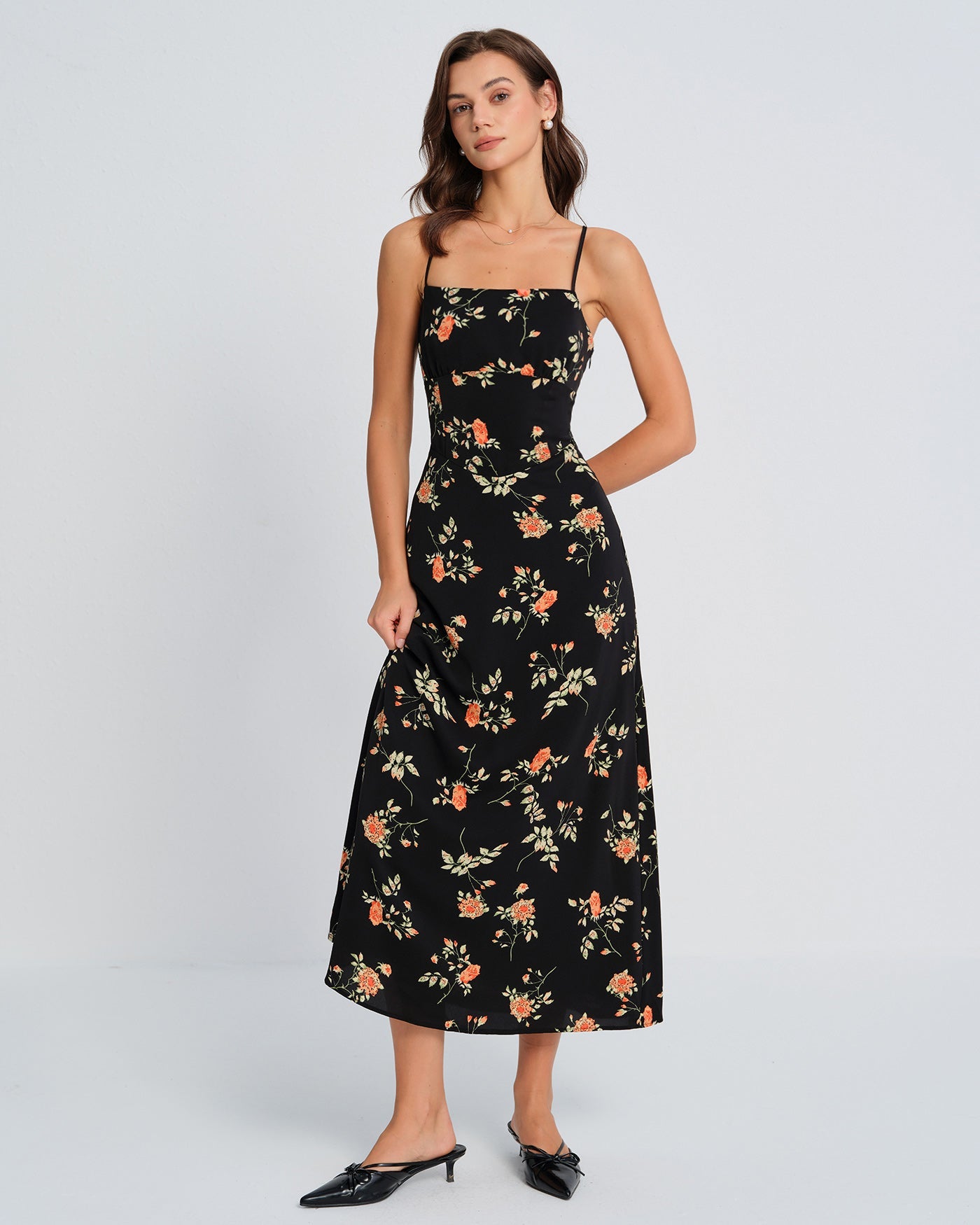 Black Square Neck Floral Slip Maxi Dress