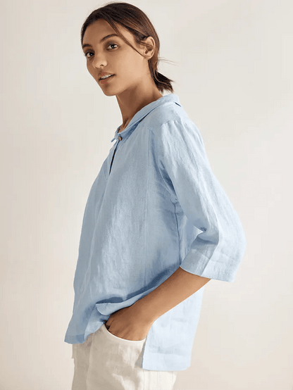 100% Linen Shawl V-Neck Half Sleeve Top JADE