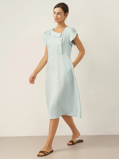 100% Linen Crescent Collar Flutter Sleeve Midi Dress FIONA