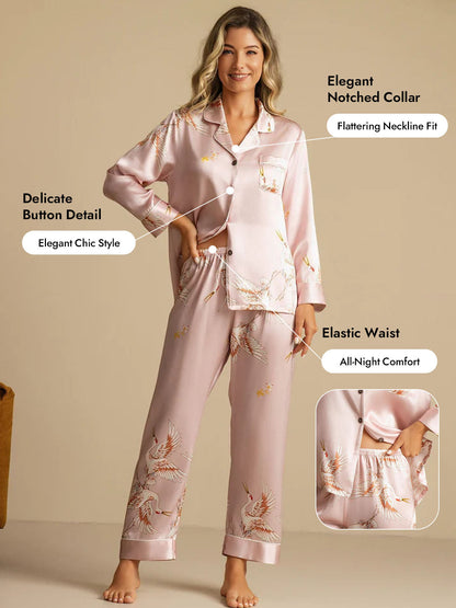 19Momme Women's Pure Silk Crane Print Long Sleeve Pajamas Set