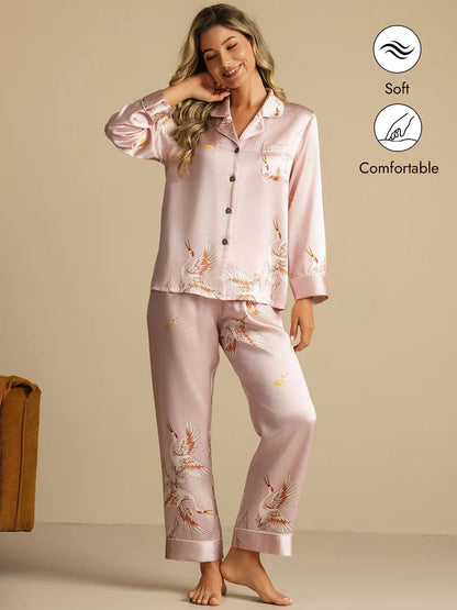 19Momme Women's Pure Silk Crane Print Long Sleeve Pajamas Set