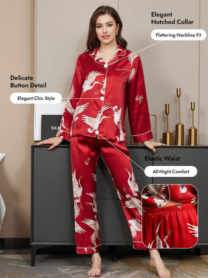 19Momme Women's Pure Silk Crane Print Long Sleeve Pajamas Set