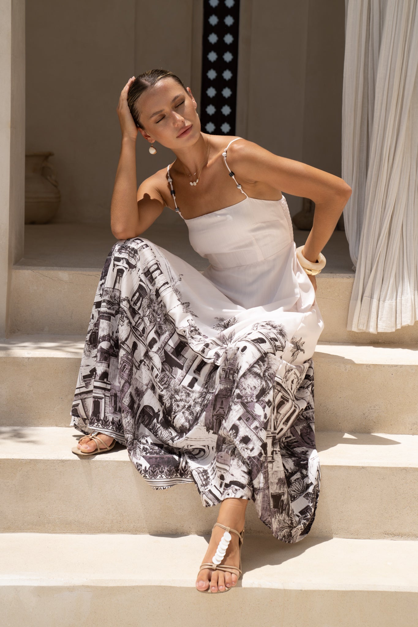 Cira Black Abstract Beaded Flared Maxi Dress