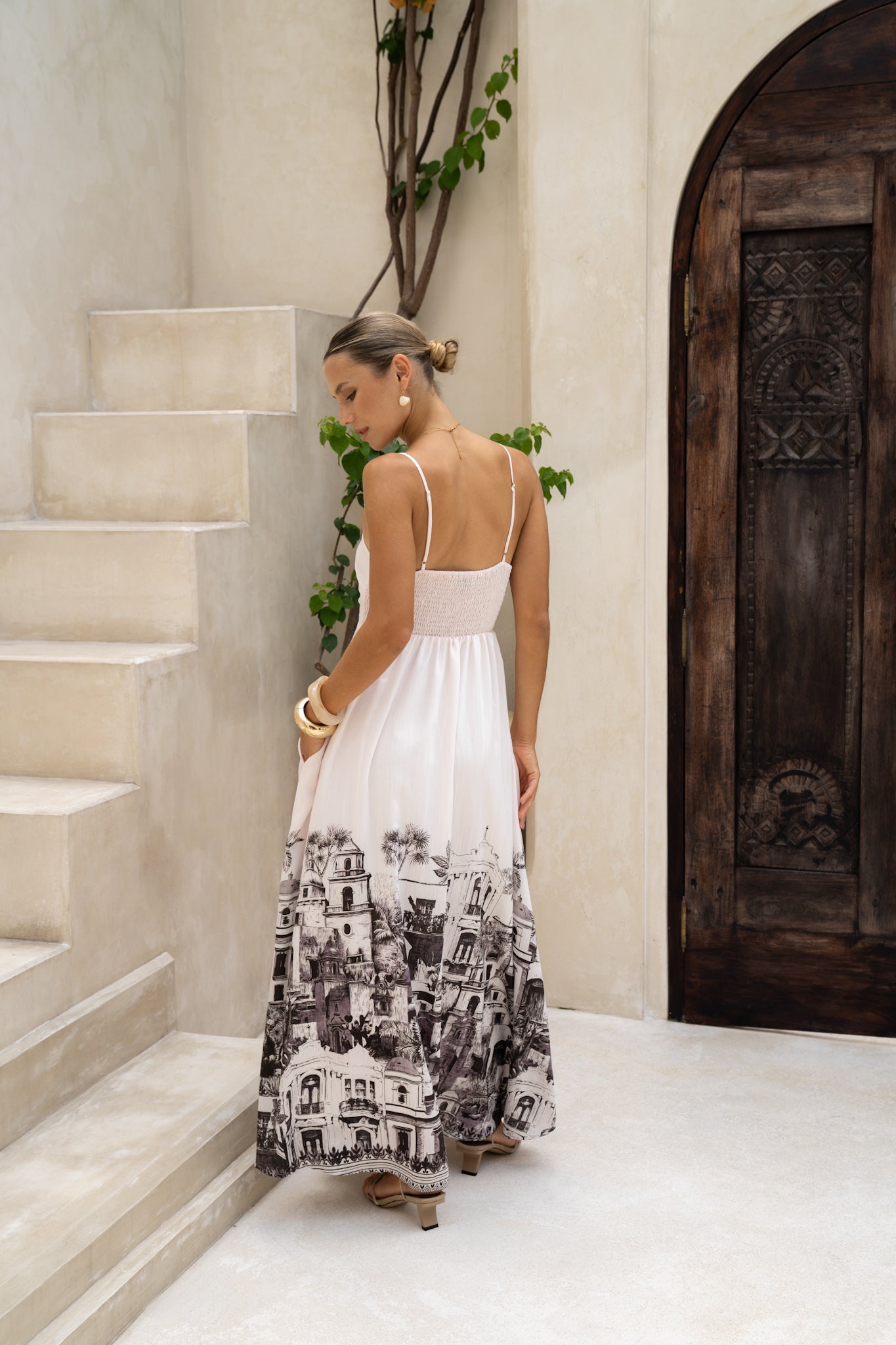 Cira Black Abstract Beaded Flared Maxi Dress