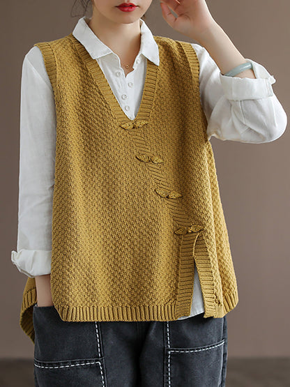 Artisan Cotton Knitted Vest - Flattering V-Neck Button Sweater Vest with Asymmetric Hem | Plus Size