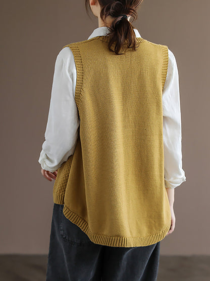Artisan Cotton Knitted Vest - Flattering V-Neck Button Sweater Vest with Asymmetric Hem | Plus Size