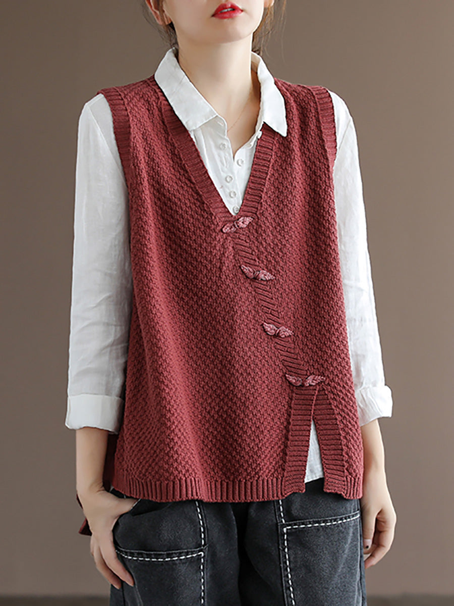 Artisan Cotton Knitted Vest - Flattering V-Neck Button Sweater Vest with Asymmetric Hem | Plus Size