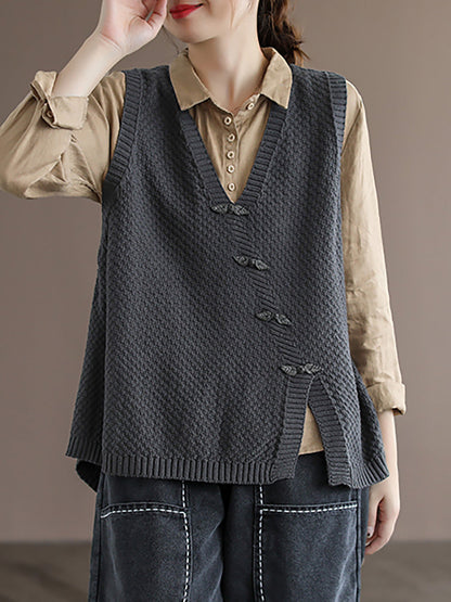 Artisan Cotton Knitted Vest - Flattering V-Neck Button Sweater Vest with Asymmetric Hem | Plus Size