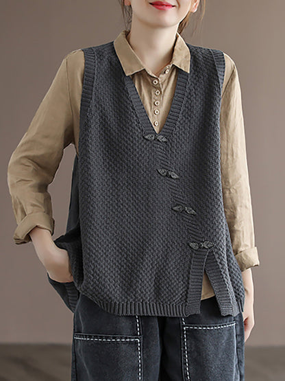 Artisan Cotton Knitted Vest - Flattering V-Neck Button Sweater Vest with Asymmetric Hem | Plus Size