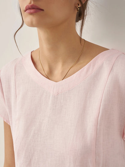 100% Linen Natural Summer V-Neck Dress ALEXA