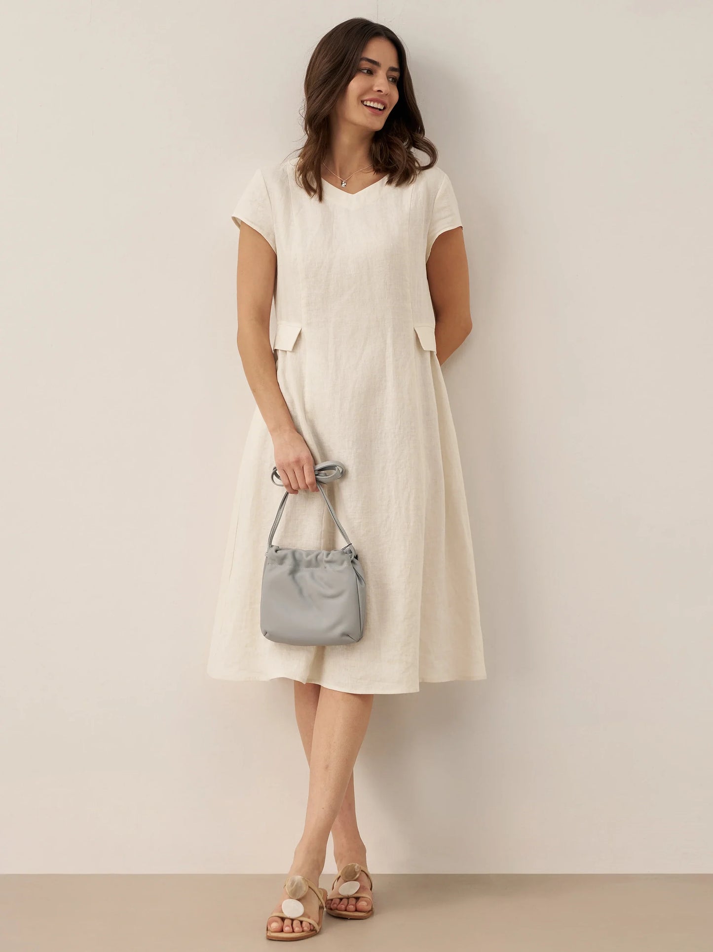 100% Linen Natural Summer V-Neck Dress ALEXA