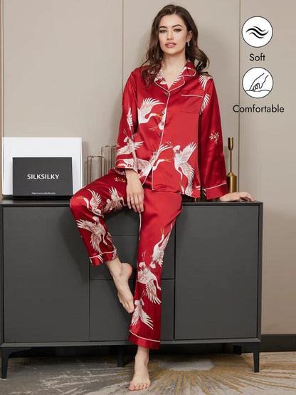 19Momme Women's Pure Silk Crane Print Long Sleeve Pajamas Set