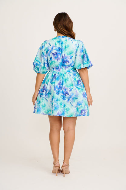 Champagne Nights Dress in Blue Floral Linen Blend