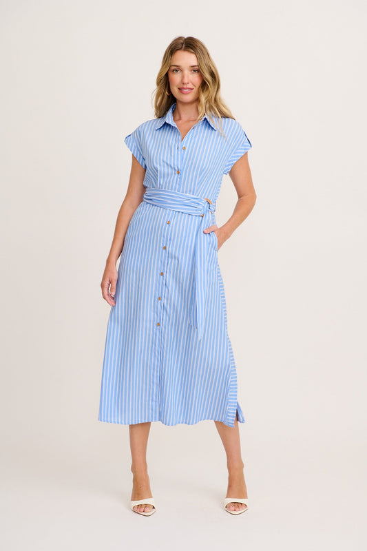 Olvera Midi Shirt Dress in Blue with White Stripe Cotton