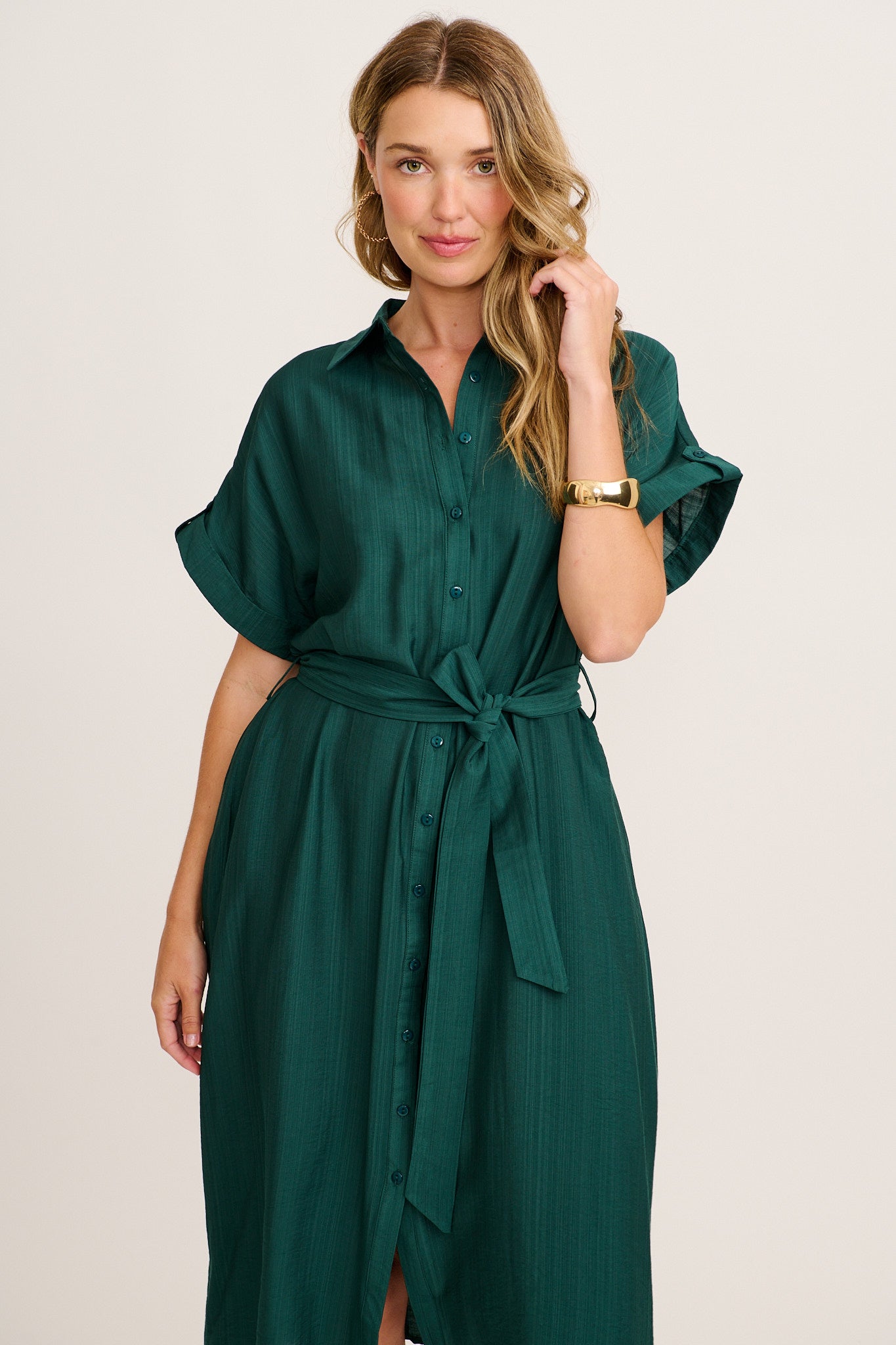 Sweet Talk Midi Shirt Dress in Emerald