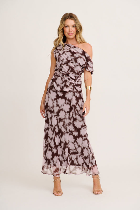 Samina Maxi Off Shoulder Dress in Brown Floral Chiffon
