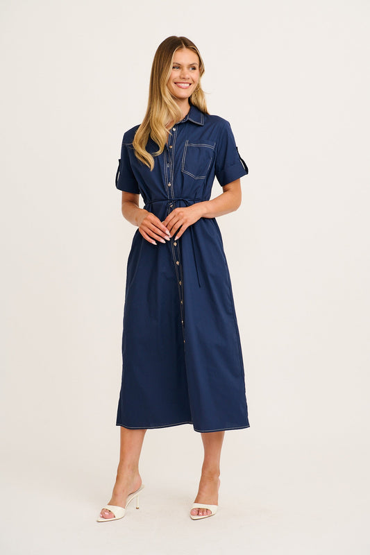 Refined Edge Midi Shirt Dress in Navy Cotton