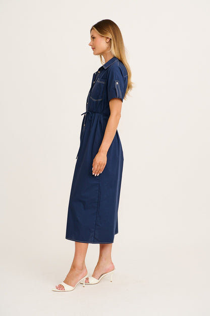 Refined Edge Midi Shirt Dress in Navy Cotton
