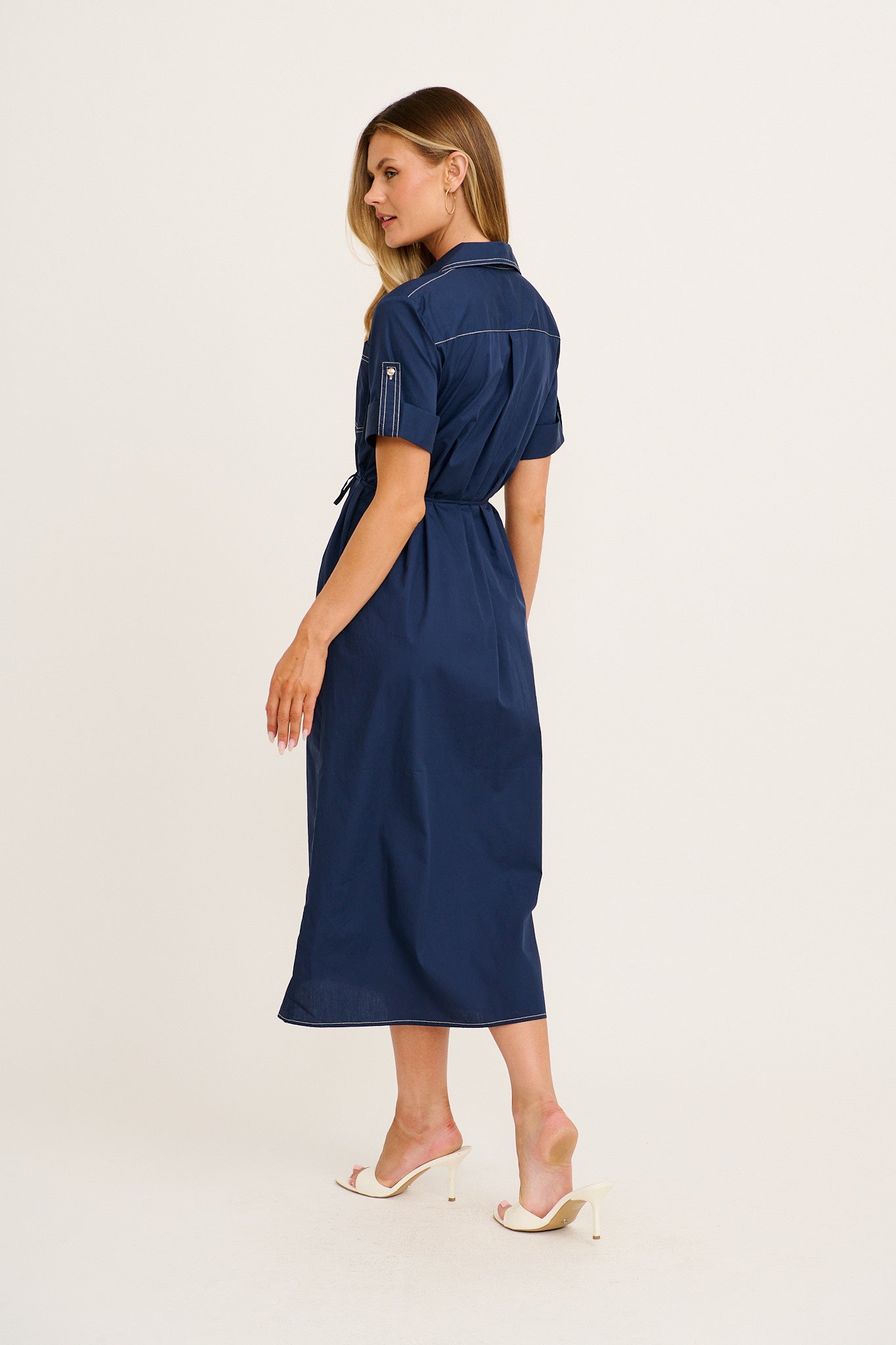 Refined Edge Midi Shirt Dress in Navy Cotton