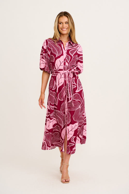 Reanna Midi Shirt Dress in Plum with Pink Leaf Print