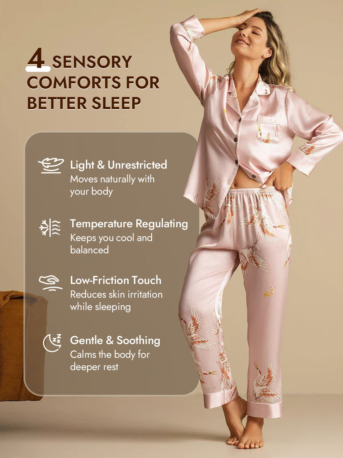 19Momme Women's Pure Silk Crane Print Long Sleeve Pajamas Set