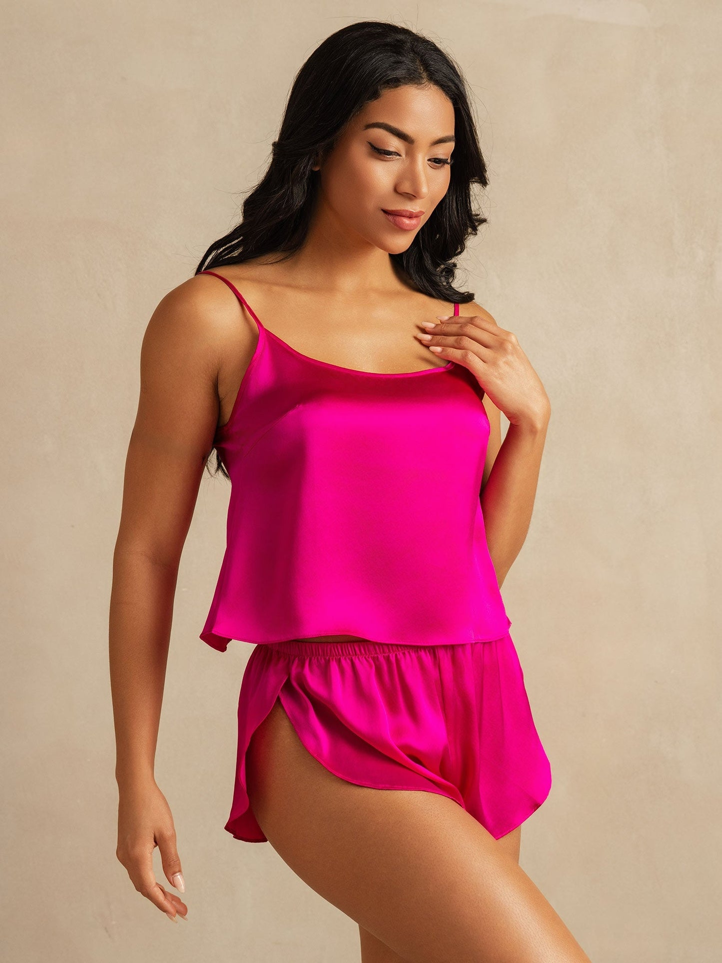 Pure Silk Spaghetti Strap Round Neck Above the Knee Camisole Set with Split Design