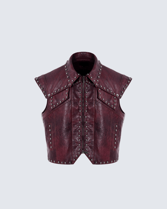 Burgundy Studded Leather Vest