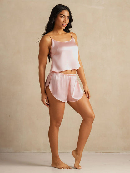 Pure Silk Spaghetti Strap Round Neck Above the Knee Camisole Set with Split Design