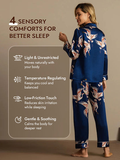 19Momme Women's Pure Silk Crane Print Long Sleeve Pajamas Set