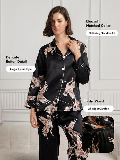 19Momme Women's Pure Silk Crane Print Long Sleeve Pajamas Set