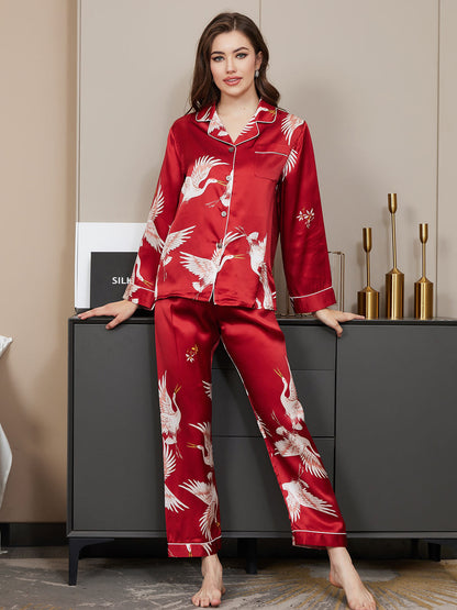 19Momme Women's Pure Silk Crane Print Long Sleeve Pajamas Set