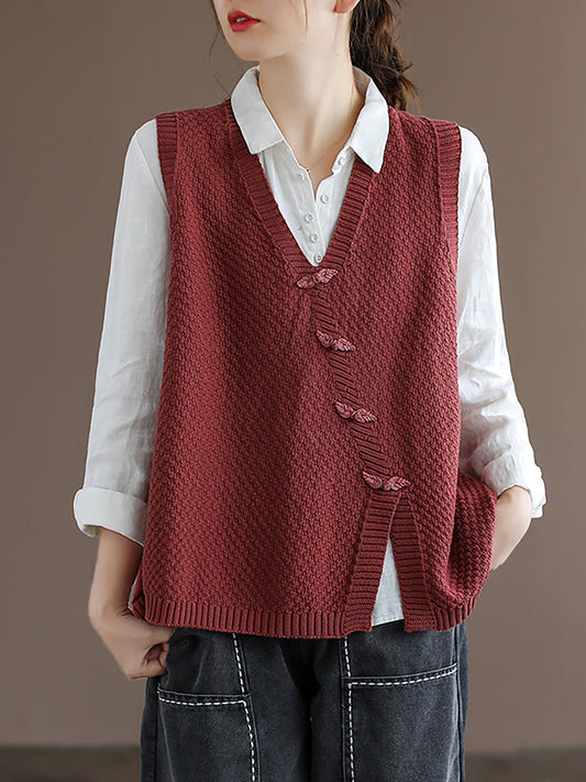 Artisan Cotton Knitted Vest - Flattering V-Neck Button Sweater Vest with Asymmetric Hem | Plus Size