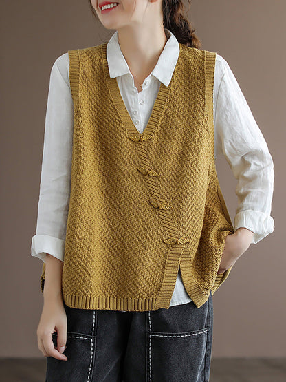 Artisan Cotton Knitted Vest - Flattering V-Neck Button Sweater Vest with Asymmetric Hem | Plus Size