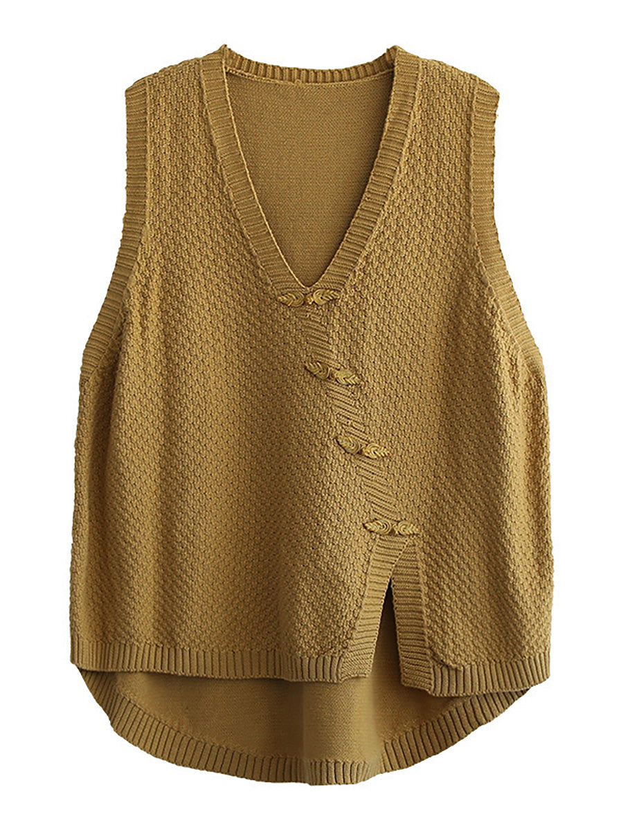 Artisan Cotton Knitted Vest - Flattering V-Neck Button Sweater Vest with Asymmetric Hem | Plus Size
