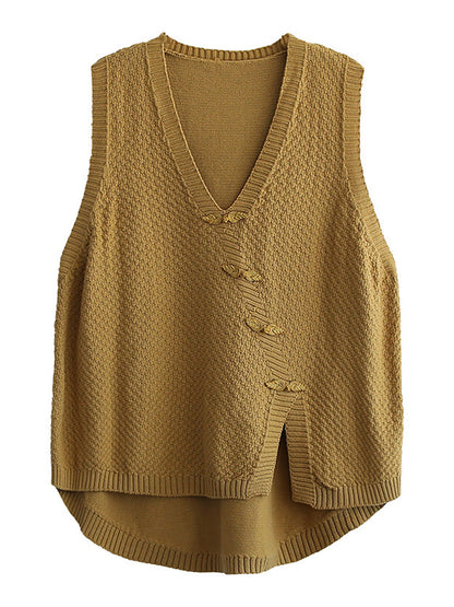 Artisan Cotton Knitted Vest - Flattering V-Neck Button Sweater Vest with Asymmetric Hem | Plus Size