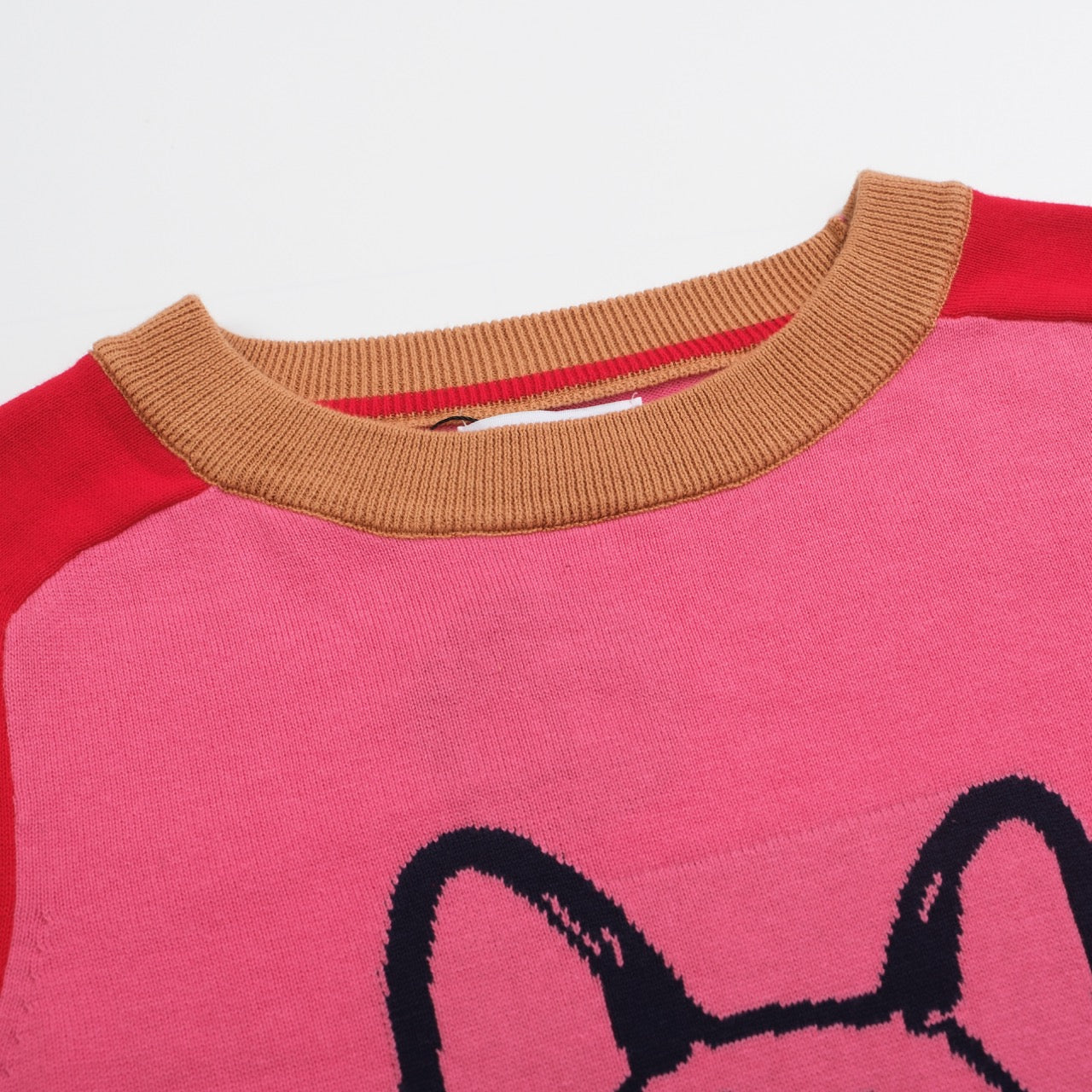 Women’s Pink French Bulldog Sweater – Red Sleeves & Retro Vibe