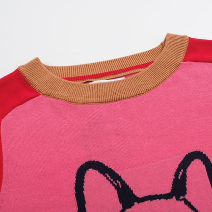 Women’s Pink French Bulldog Sweater – Red Sleeves & Retro Vibe