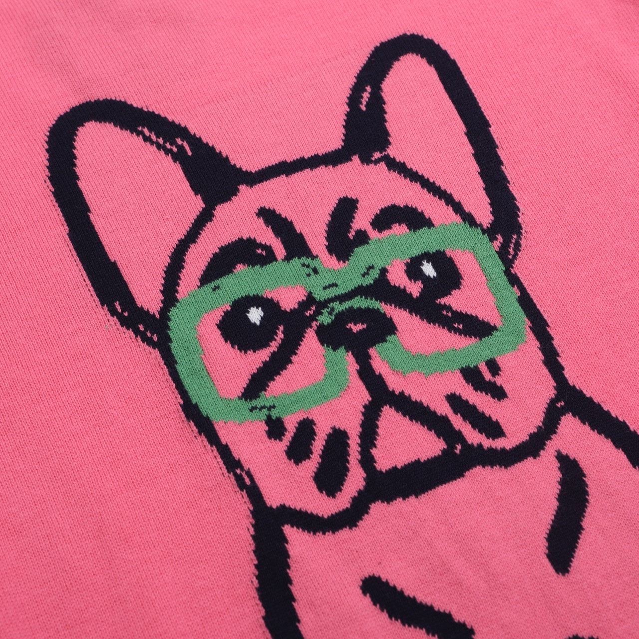 Women’s Pink French Bulldog Sweater – Red Sleeves & Retro Vibe