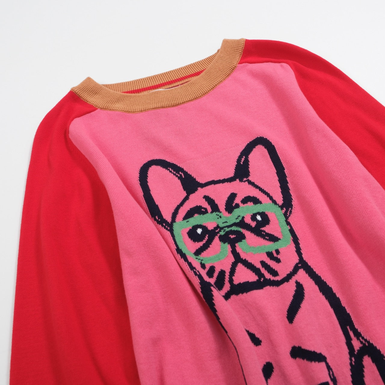 Women’s Pink French Bulldog Sweater – Red Sleeves & Retro Vibe