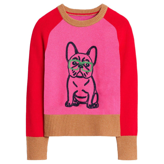 Women’s Pink French Bulldog Sweater – Red Sleeves & Retro Vibe