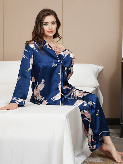 19Momme Women's Pure Silk Crane Print Long Sleeve Pajamas Set