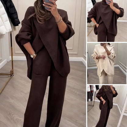 🔥 59% OFF! NEW! Women's 2-piece set – Asymmetrical sweater + wide-leg pants, relaxed fit and soft fabric, ultra comfortable 👚✨