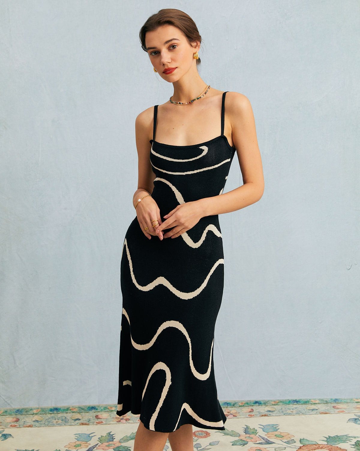 The Black Wave Mermaid Hem Knit Midi Dress