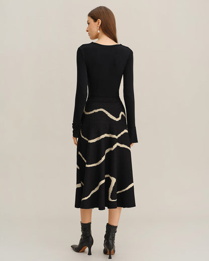 Black Geometric Elastic Waist Midi Skirt