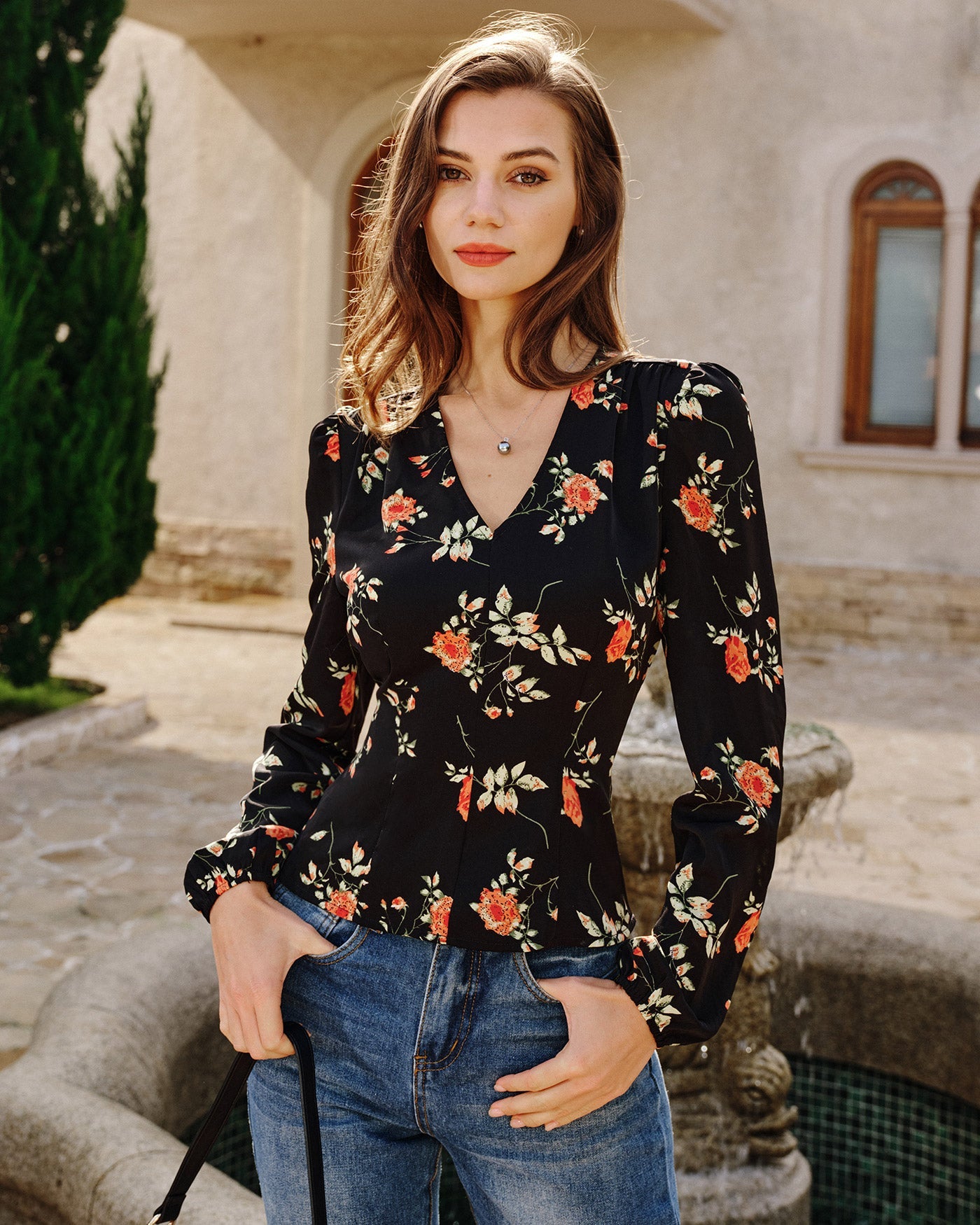 Black V Neck Floral Blouse