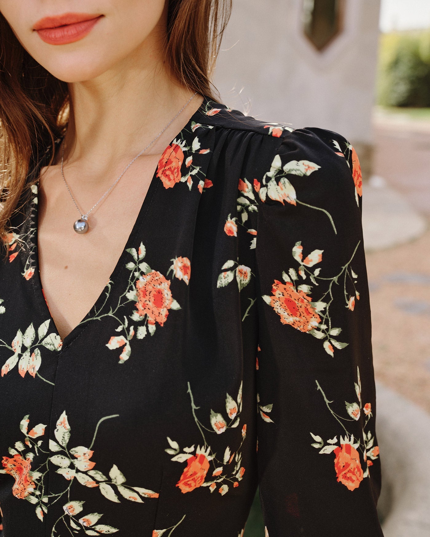 Black V Neck Floral Blouse