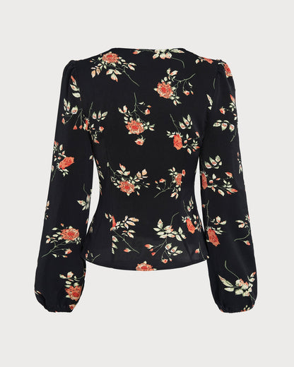 Black V Neck Floral Blouse