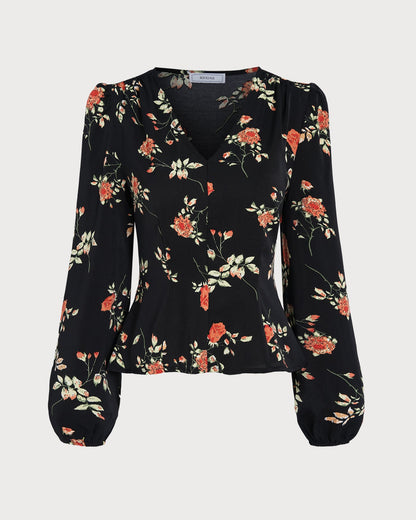 Black V Neck Floral Blouse