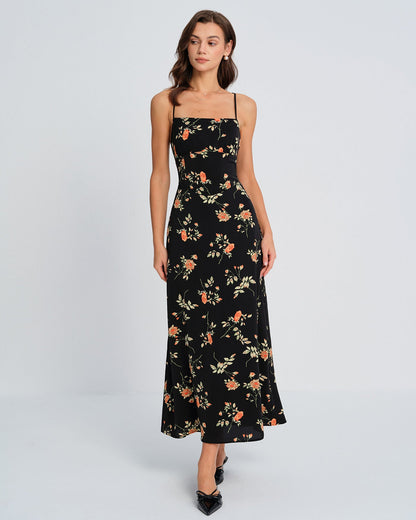 Black Square Neck Floral Slip Maxi Dress